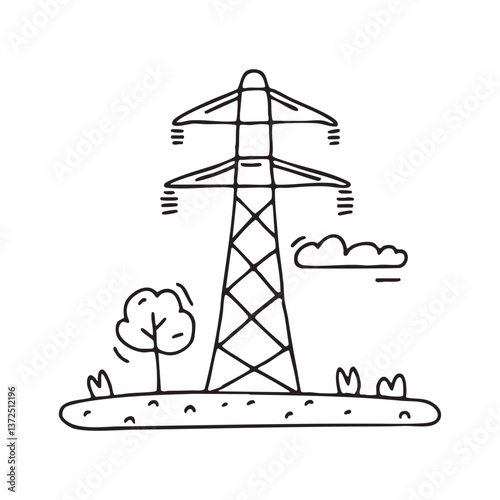A high voltage power pylon towering over a grassy field