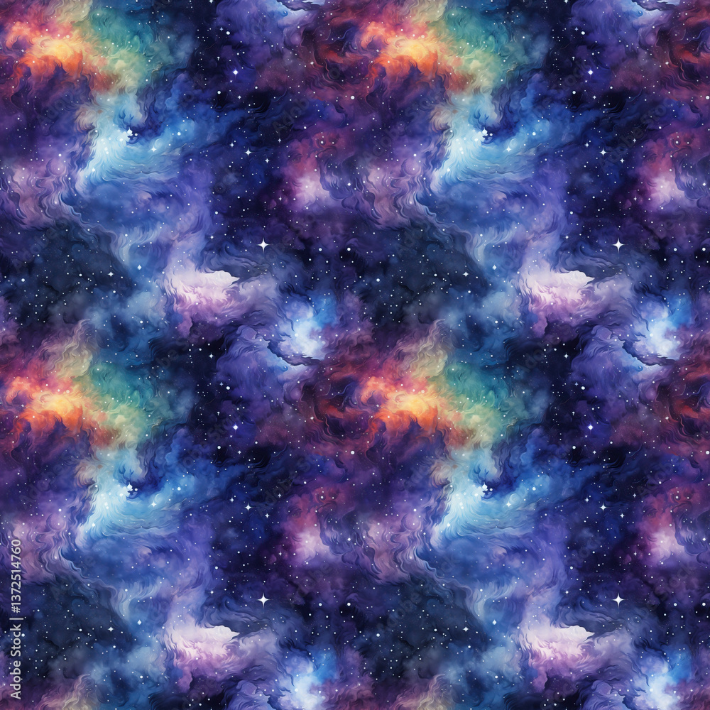 Naklejka premium Abstract swirling nebula pattern in vivid colors with star details and dark space tones