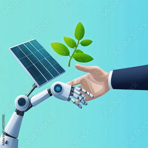Human hand shaking a robotic hand over a renewable energy plant.