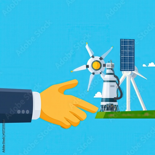 Human hand shaking a robotic hand over a renewable energy plant.