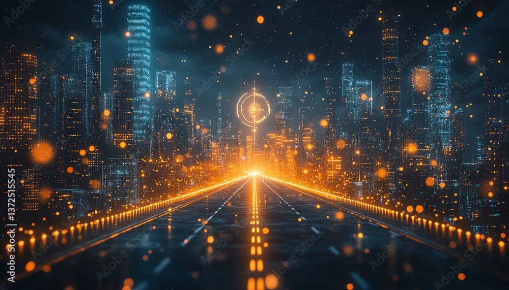 Fototapeta premium urban cityscape with a long straight road, black backdrop, business timeline map in the center, digital art style, modern business concept, ultrarealistic 8K render