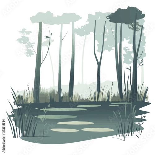 Flat vector foggy swamp, minimalist design, isolated on a white background.

