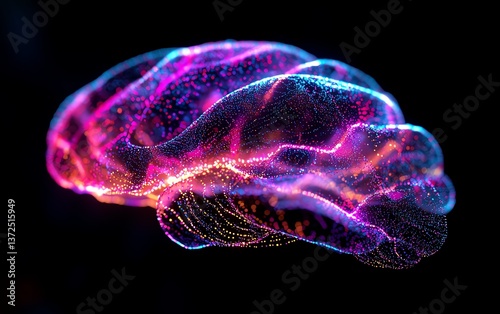 vibrant digital representation of a brain with colorful neural connections, abstract patterns symbolizing creativity and intelligence, neon glow, futuristic tech, 8K render photo