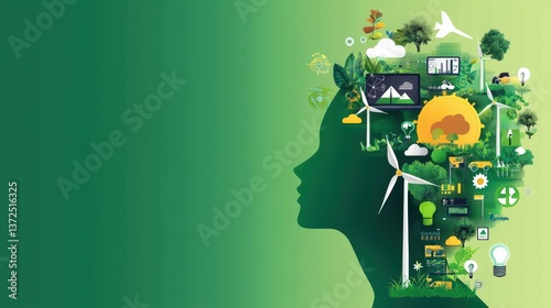 Human silhouette formed by renewable energy symbols in a digital background.