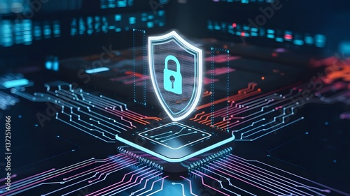 Digital Cybersecurity Shield Over Circuit Board