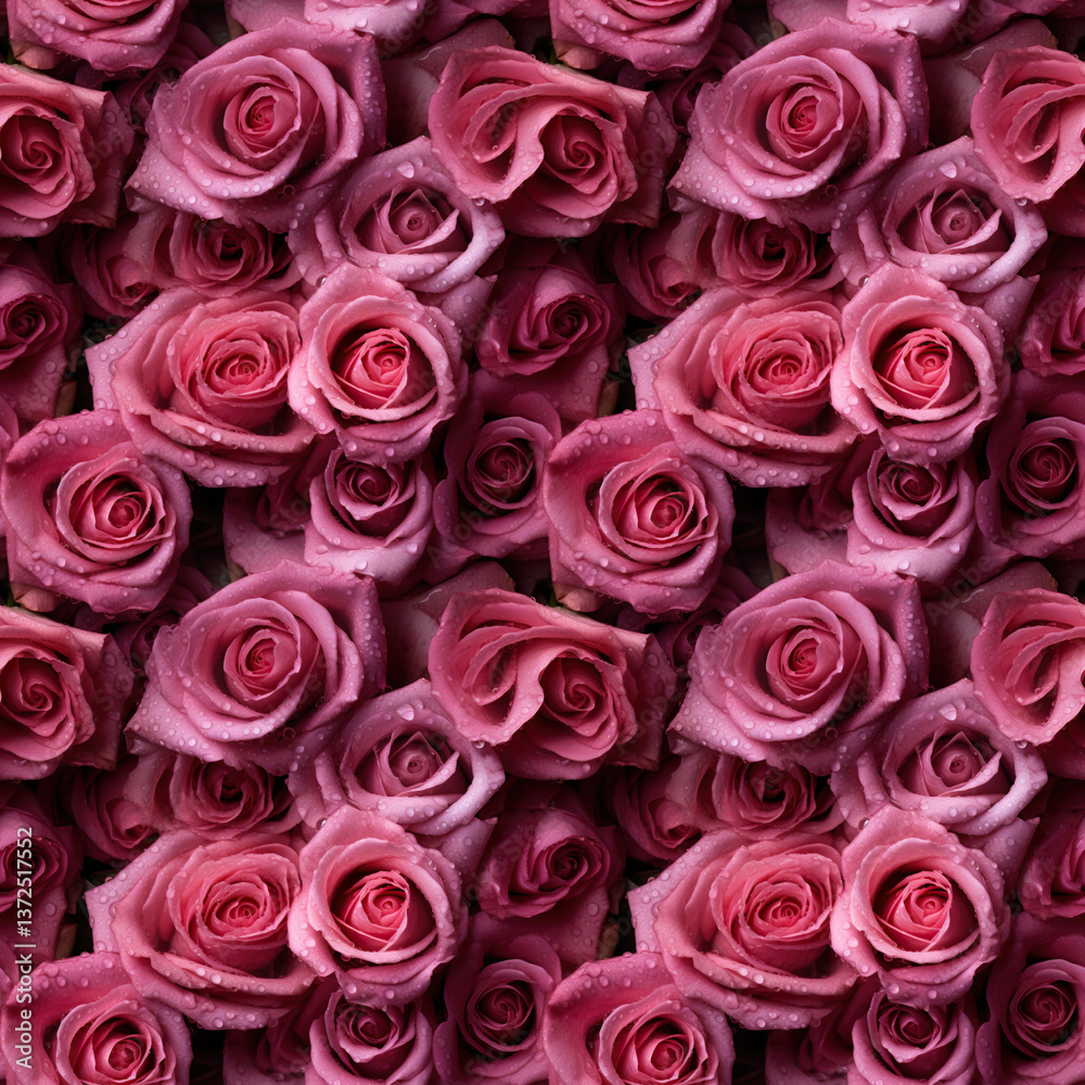 Soft pink roses with visible water droplets forming a romantic seamless floral background