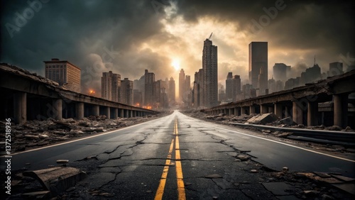 Desolate urban landscape with a cracked road leading towards a skyline, illuminated by a dramatic sunset amidst dark clouds.