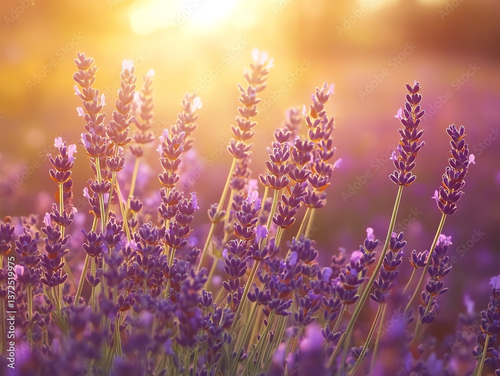 Naklejka premium Lavender Field Blooms at Sunset with Warm Glowing Light and Haze
