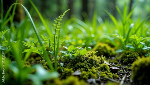 Lush green forest floor with ferns and moss in a tranquil woodland setting