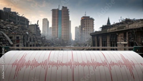 Wallpaper Mural Destruction from an earthquake is depicted, with a seismograph in the foreground and collapsed buildings in the background. Torontodigital.ca
