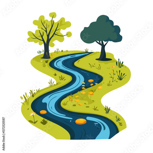 Flat vector winding brook, minimalist design, isolated on a white background.

