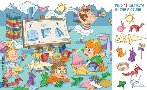 What a fun game - origami! Children fold figures from paper. Find 11 objects in the picture. Educational game for children. Cartoon vector illustration 