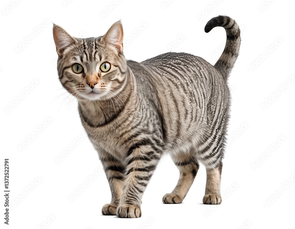 Fototapeta premium Striped Tabby Cat Walking, Isolated on White