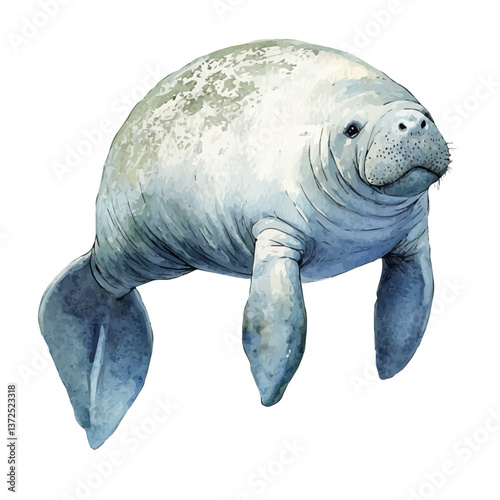 A watercolor vector of an Amazonian manatee, isolated on a white background. Amazonian manatee vector.

