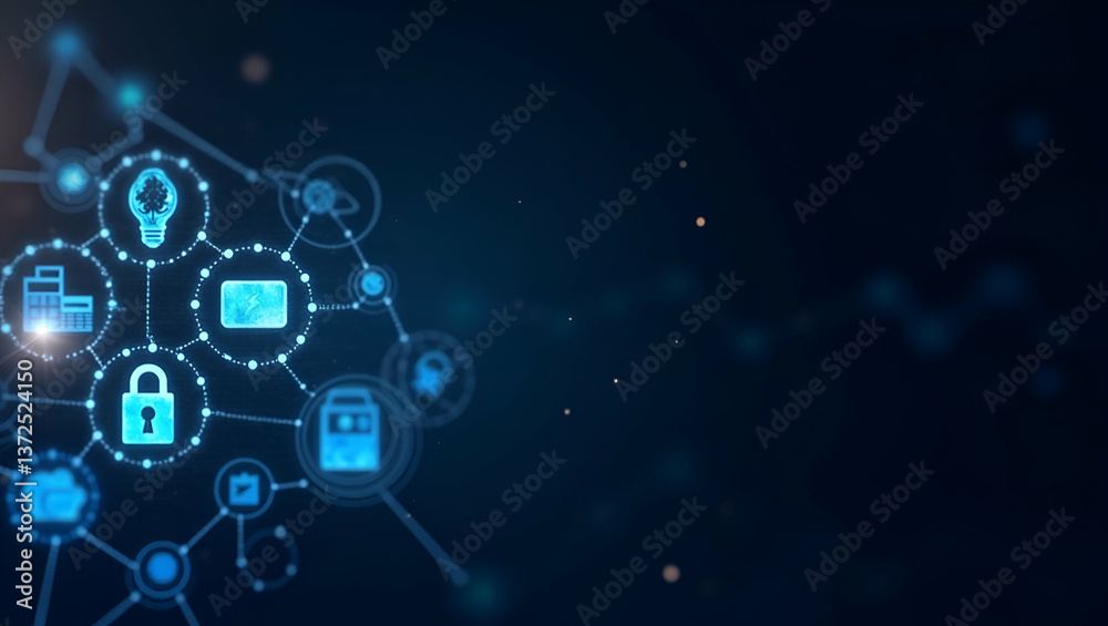 Fototapeta premium Contemporary wallpaper design featuring abstract digital icons and network grids representing cross border digital wallets with sleek modern design emphasizing secure wallet integration global payment