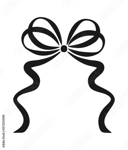 Minimalistic black decorative laconic bow made of thin ribbon, hand drawn element, silhouette on transparent background for gift, present, birthday, wedding. Flat vector EPS10
