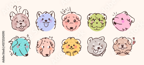 Cute dogs facial expression icons. A collection of simple face stickers drawn with pencil lines in a circle.