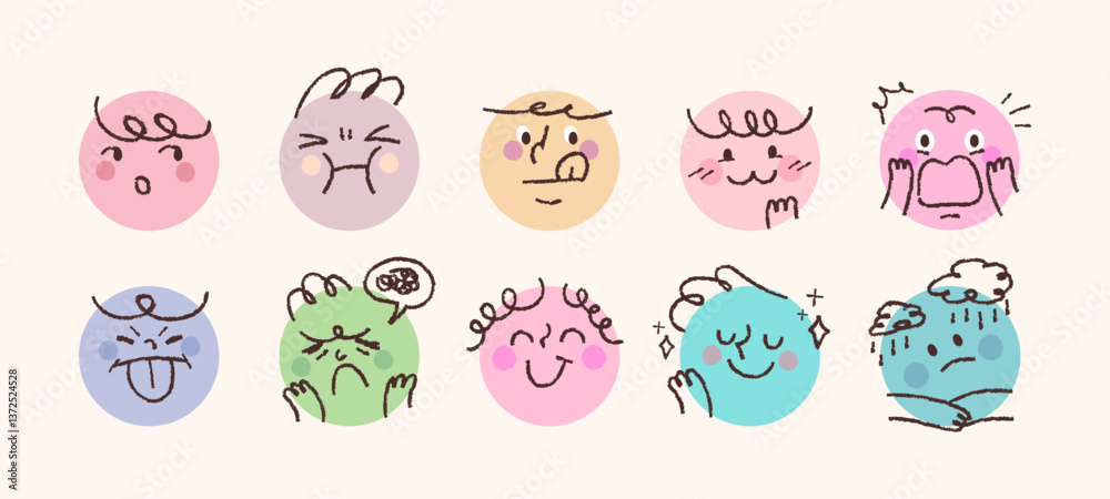 Cute people facial expression icons. A collection of simple face stickers drawn with pencil lines in a circle.