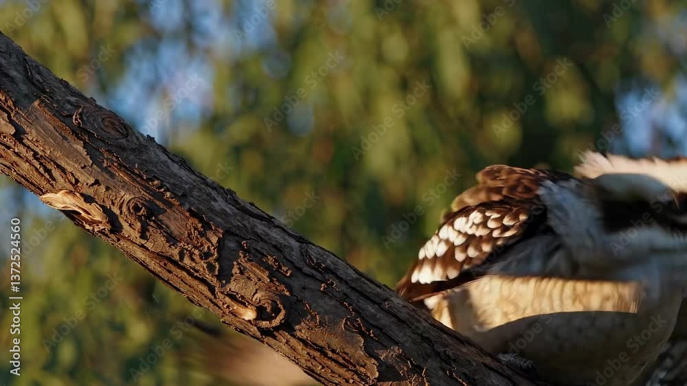 Kookaburra perches on branch at sunset in serene nature setting Kookaburra perches on branch at sunset in serene nature setting
