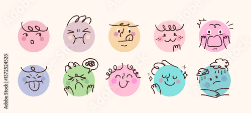 Cute people facial expression icons. A collection of simple face stickers drawn with pencil lines in a circle.