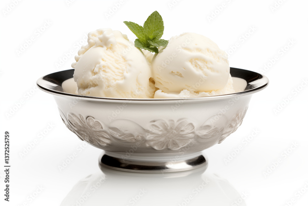 Vanilla ice cream scoops with fresh mint in elegant silver bowl isolated on white – gourmet dessert photography Vanilla ice cream scoops with fresh mint in elegant silver bowl isolated on white – gourmet dessert photography