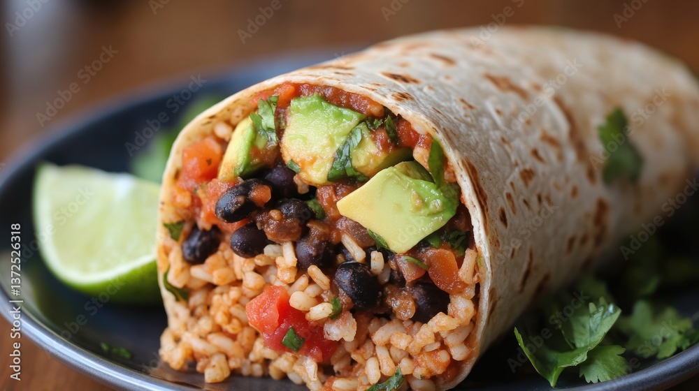 Authentic vegan burrito with black beans, avocado and brown rice on plate Authentic vegan burrito with black beans, avocado and brown rice on plate