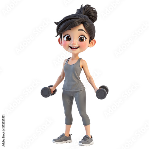 Cute cartoon girl exercising with dumbbells.  Perfect for fitness, health, and children's content.