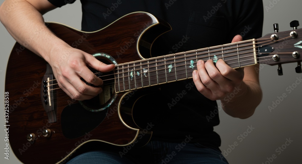 A person is playing a guitar with a black body and a blue headstock. The person is sitting down while playing the guitar A person is playing a guitar with a black body and a blue headstock. The person is sitting down while playing the guitar