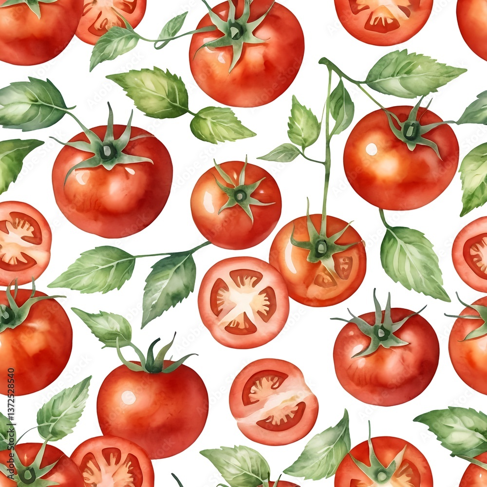 Watercolor Seamless Pattern of Tomatoes and Leaves Watercolor Seamless Pattern of Tomatoes and Leaves