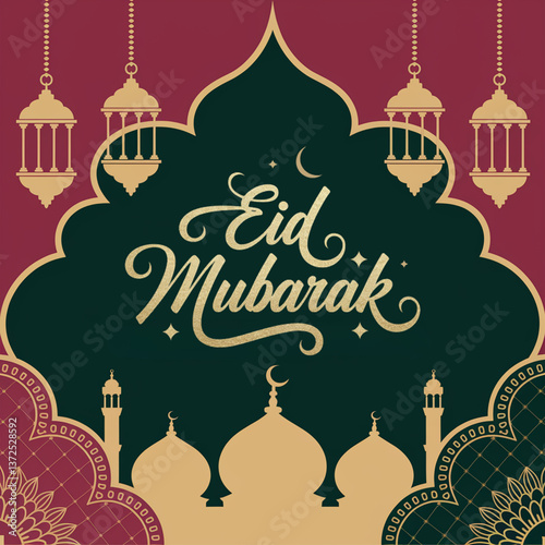 Eid Mubarak Celebration with Lanterns and Mosque