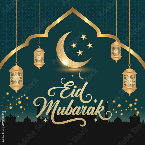 Eid Mubarak Celebration with Lanterns and Mosque