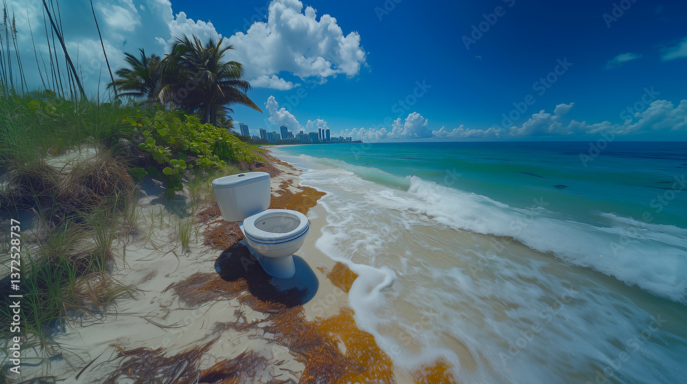 White flush toilet on the beach, concept of sea pollution by sewage waters