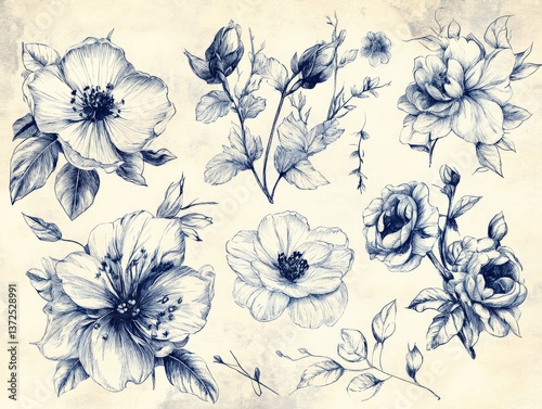 A set of hand-drawn floral doodles with organic, rough line textures,