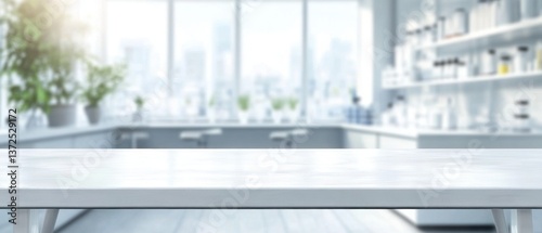 Bright laboratory interior with white table surface for product placement and blurred background featuring scientific equipment and plants enhancing a clean and modern aesthetic