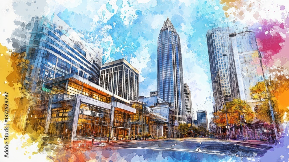 Fototapeta premium A watercolor painting depicting an urban city skyline view