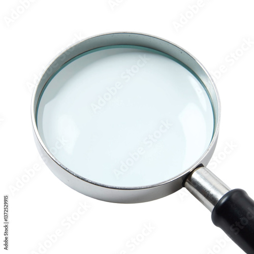 Close-up of a magnifying glass against a plain white background. Ideal for concepts related to investigation, research, or detailed examination.