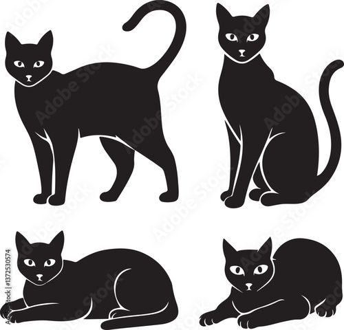 set of black cat, cat, playful, sleeping, walking, fun  silhouette vector illustration with fully editable	
