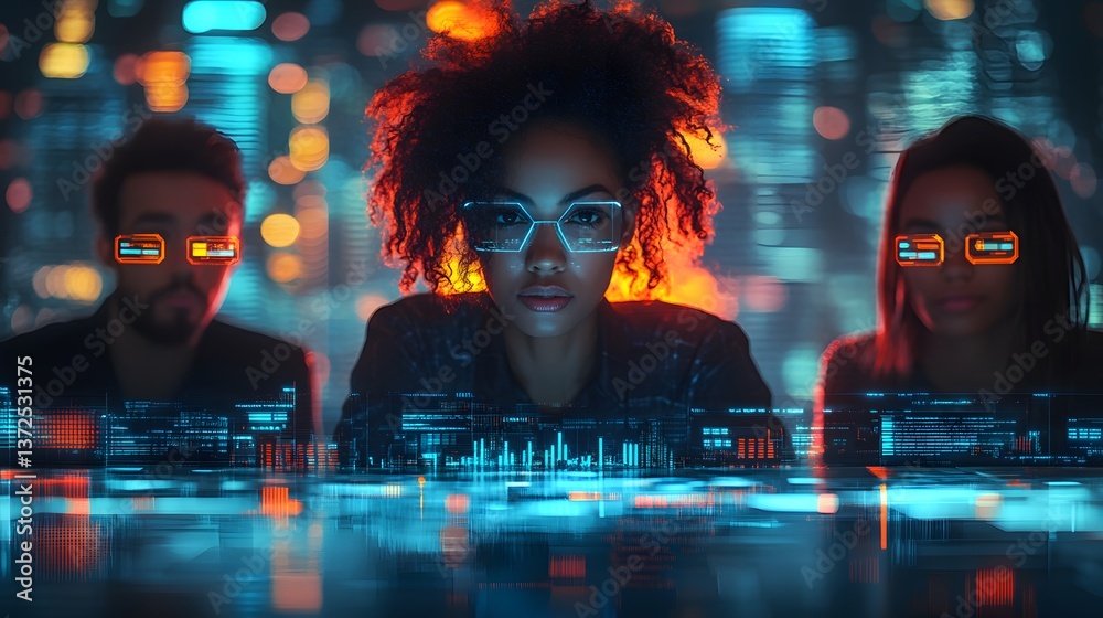 Diverse team in a business discussion with a futuristic technology-inspired setting Illustration Diverse team in a business discussion with a futuristic technology-inspired setting Illustration
