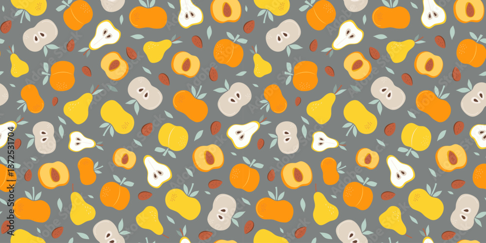 Seamless pattern abstract fruits. Apple, pear, peach, apricot. Vitamin natural food, slices and whole fruits. Color vector repeating background. Seamless pattern abstract fruits. Apple, pear, peach, apricot. Vitamin natural food, slices and whole fruits. Color vector repeating background.