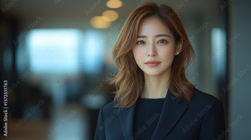 Naklejka premium Confident businesswoman with shoulder length hair, wearing black suit, standing in modern office environment. Her expression conveys professionalism and poise, reflecting strong presence
