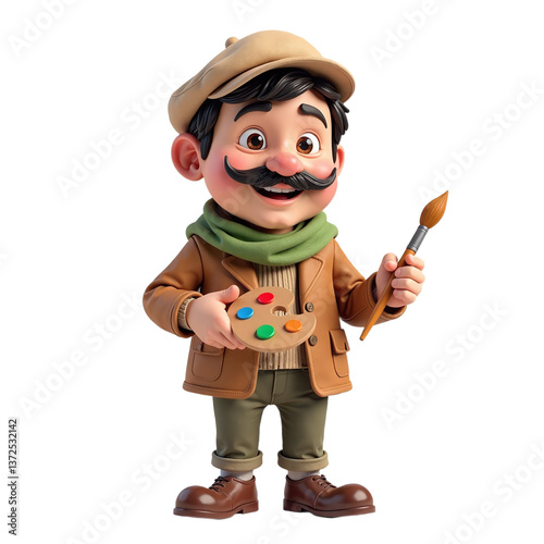 A cheerful cartoon artist holding a paintbrush and palette.  Perfect for children's books, websites, and educational materials.
