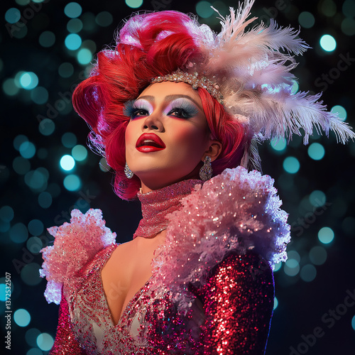 Fashionable drag portrait with makeup costume and glitter feathers in a vibrant show setting