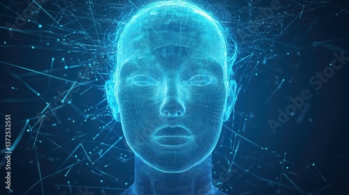 digital human face, glowing lines and face in digital lines.