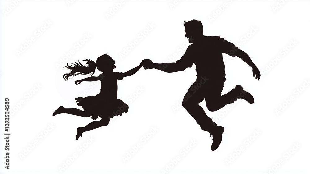 Joyful Father and Child Silhouette Leaping Together in Playful Mirrored Dance Against White Background Joyful Father and Child Silhouette Leaping Together in Playful Mirrored Dance Against White Background