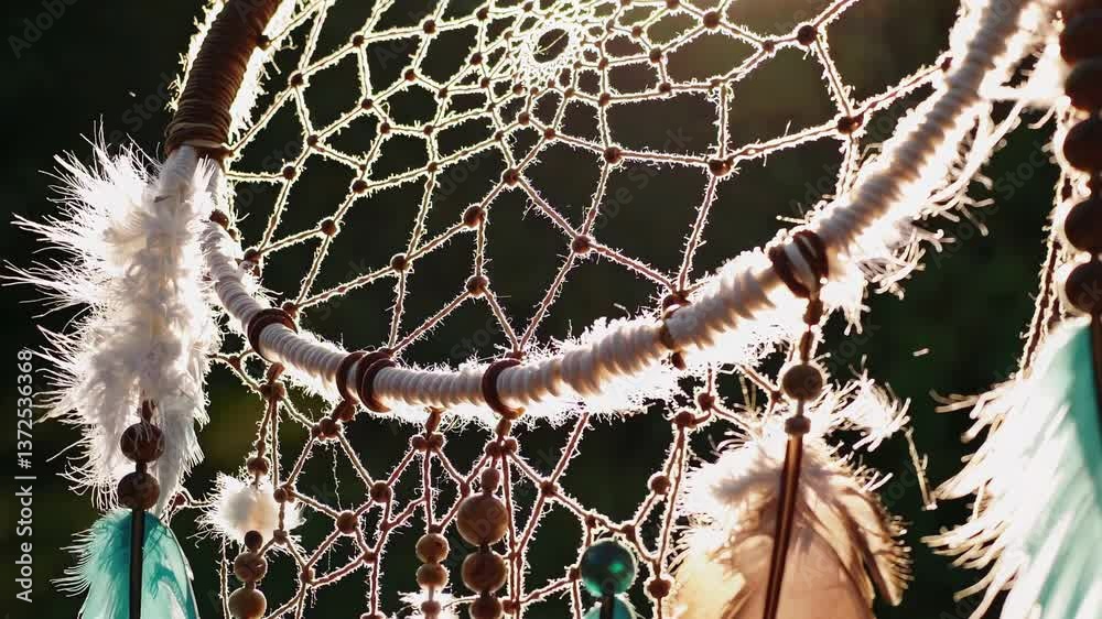 Dreamcatcher sways gently in sunlight with feather details