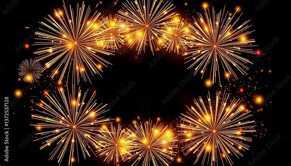 Naklejka premium Golden firework burst border, vector frame design for celebration, gold fireworks, fireworks