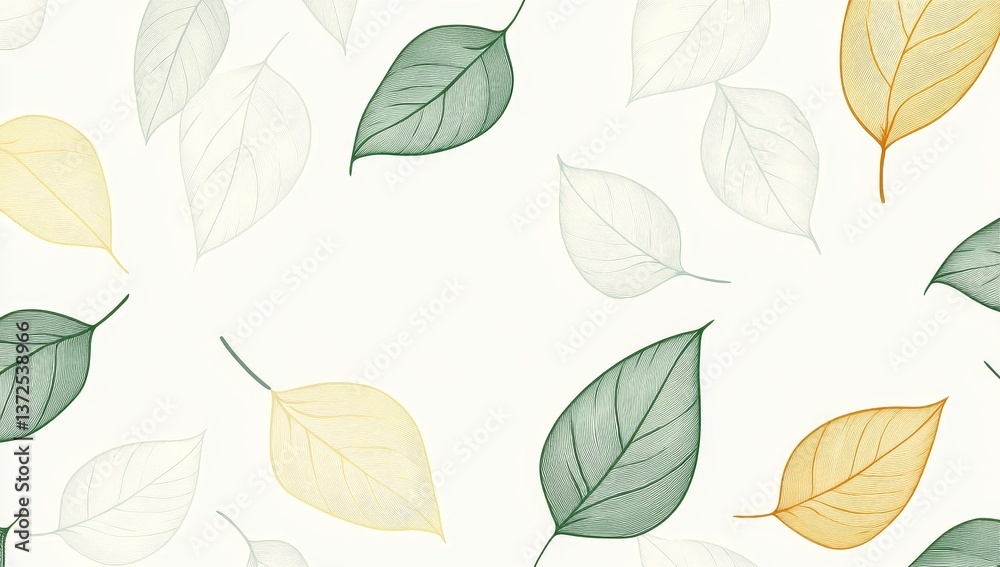 Obraz premium Delicate autumnal leaves pattern. Soft, muted colors create a gentle, airy feel. Various shades of green, beige, and yellow