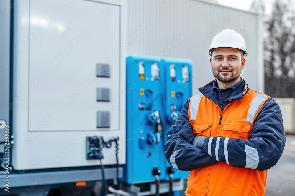 Engineer smiling with crossed arms in front of electric vehicle charging station