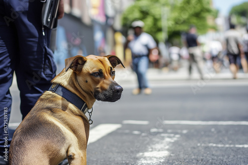 Dog on street: outdoor urban scene with brown canine and people around on a summer day