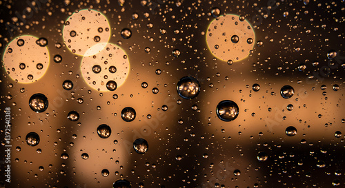 Close-up of water droplets on a glass surface with soft-focus background lights. The droplets are highly detailed with light refractions.